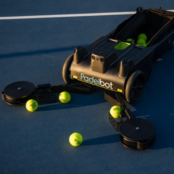 Tennibot Rover collecting padel balls on court